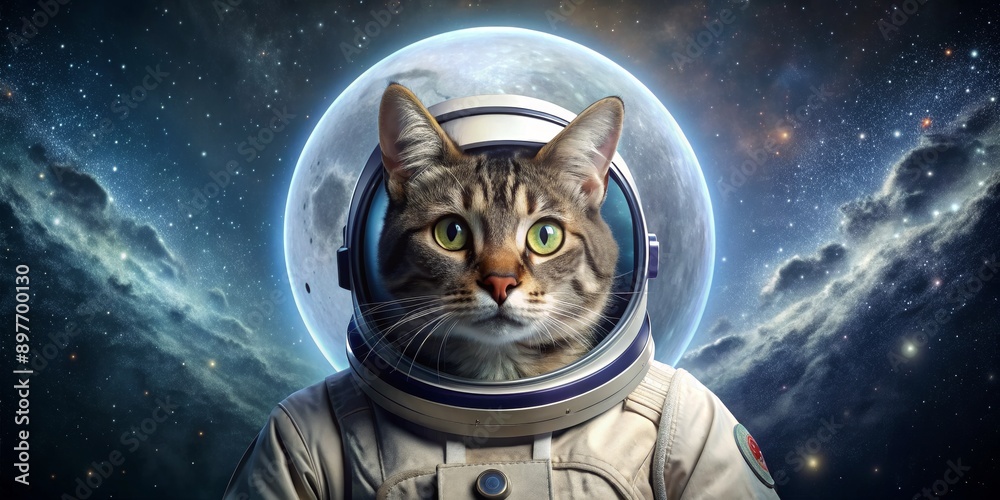 Fototapeta A Curious Cat in Space, Wearing a Space Suit Against a backdrop of a large, bright moon and starry sky, digital art, cat astronaut , space exploration , feline astronaut