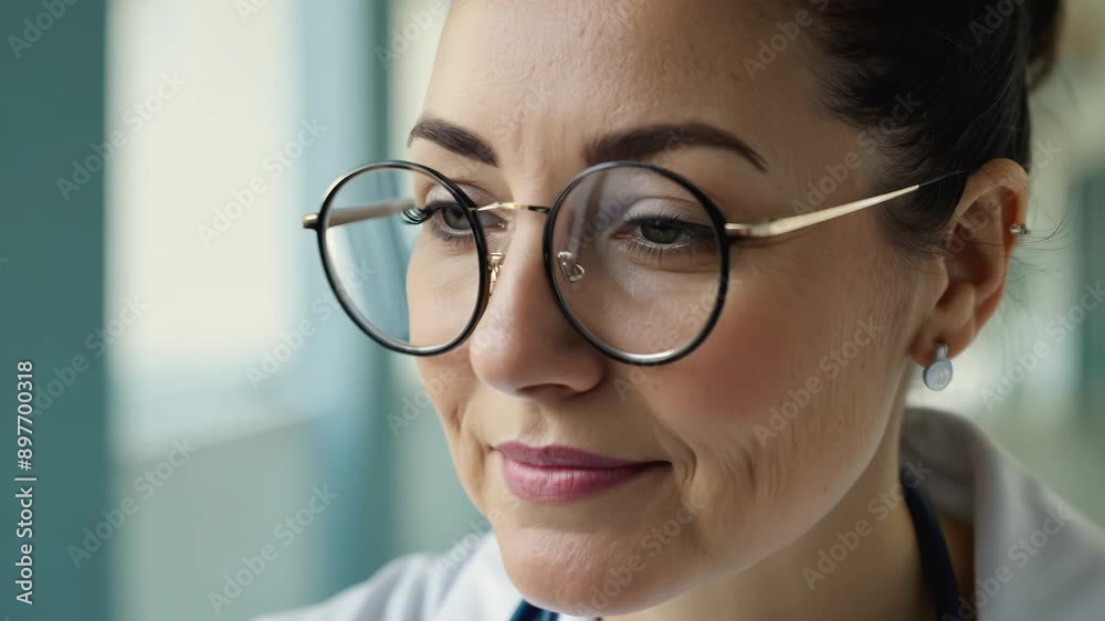 Description of a female wearing a lab coat and glasses, with a focus on her facial features Description of a female wearing a lab coat and glasses, with a focus on her facial features