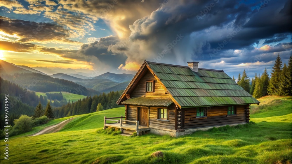 A Rustic Cabin Nestled in a Mountain Valley at Sunset with Green Roof and Dramatic Clouds, sunset , cabin , mountains , landscape A Rustic Cabin Nestled in a Mountain Valley at Sunset with Green Roof and Dramatic Clouds, sunset , cabin , mountains , landscape