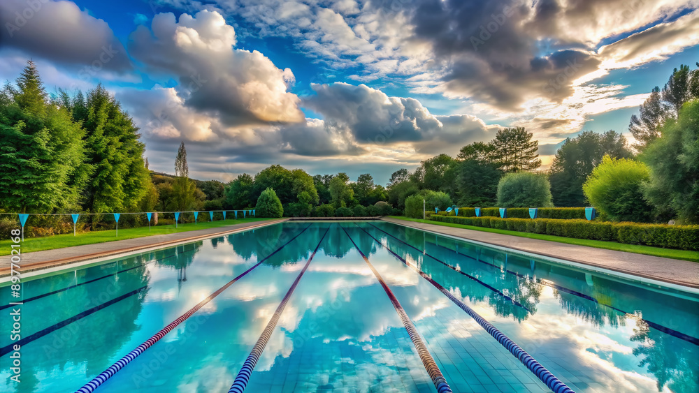 A serene empty swimming pool with calm water and lanes divided by ropes, surrounded by lush green trees and cloudy blue sky. A serene empty swimming pool with calm water and lanes divided by ropes, surrounded by lush green trees and cloudy blue sky.
