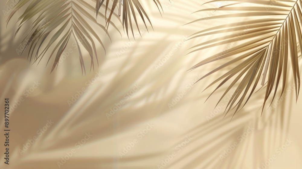 Obraz premium Minimalistic summer background with blurred sunlight shadow of palm leaves on neutral beige backdrop