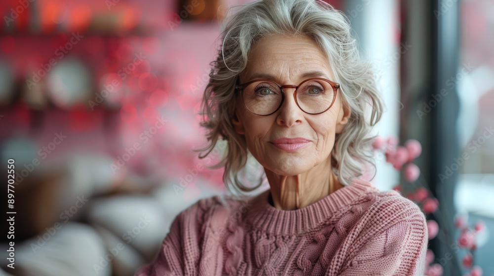 Older Woman in Pink Sweater Making Peace Sign Older Woman in Pink Sweater Making Peace Sign
