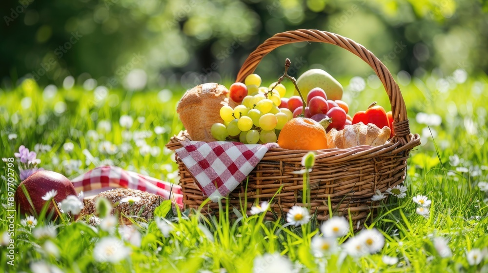 Picnic Basket with Fresh Summer Food on Grass Horizontal Photo Picnic Basket with Fresh Summer Food on Grass Horizontal Photo