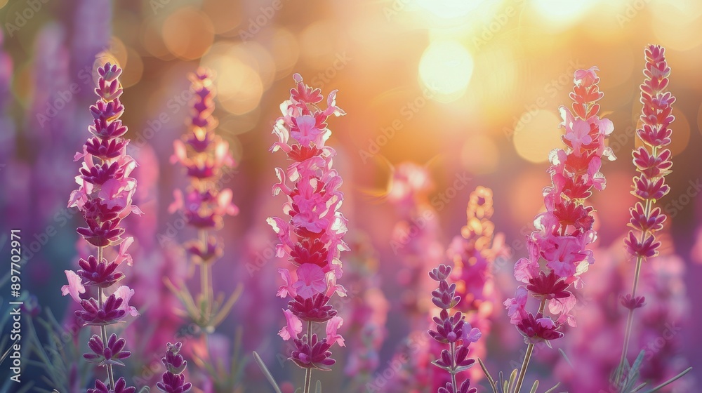 Fototapeta premium Purple Flowers Sprinkled Across Grass