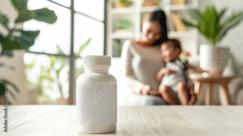 mockup of a bottle for medicines, vitamins and food additives against the background of a smiling blurred mother and child in the kitchen