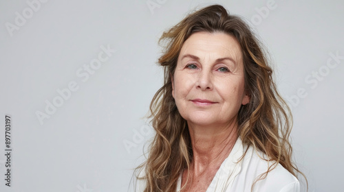 portrait of a beautiful woman 50-60 years old with long dark hair, on a light background, looking at camera, natural aging, copy space