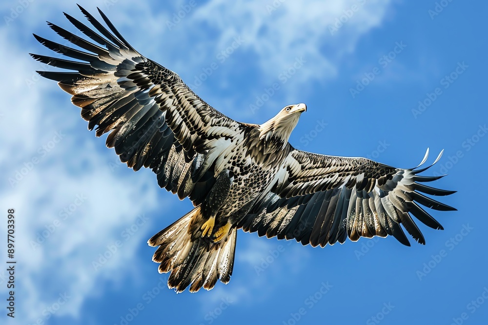Obraz premium A majestic eagle soaring against a clear blue sky with its wings fully spread, showcasing the beauty and freedom of wildlife.