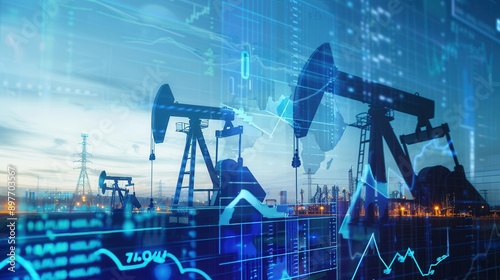 Silhouettes of oil pumps in a field are overlaid with digital screens displaying financial charts, representing the rising cost of gasoline.