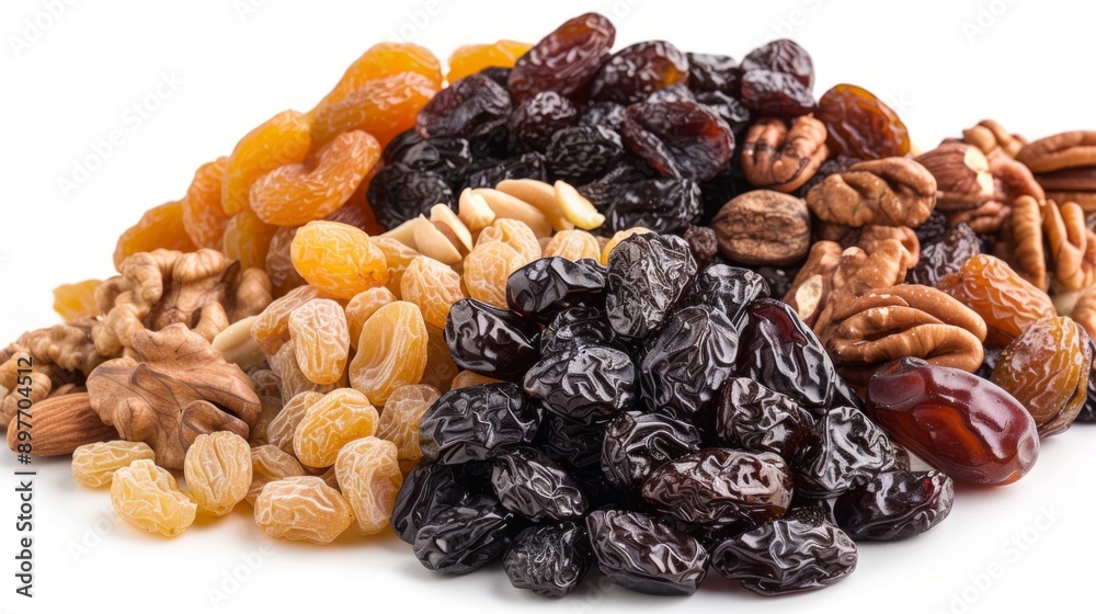 Mix of nuts and dried fruits isolated on a white background. Presented apricots, raisins, walnuts, hazelnuts, cashews, pecans, and almonds. Mix of nuts and dried fruits isolated on a white background. Presented apricots, raisins, walnuts, hazelnuts, cashews, pecans, and almonds.