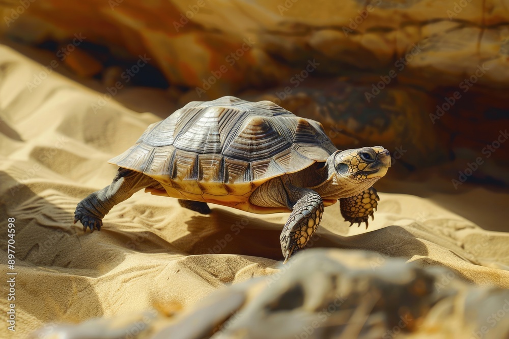 Naklejka premium Turtle Desert. A Slow Reptile Tortoise in Arid Wilderness Habitat
