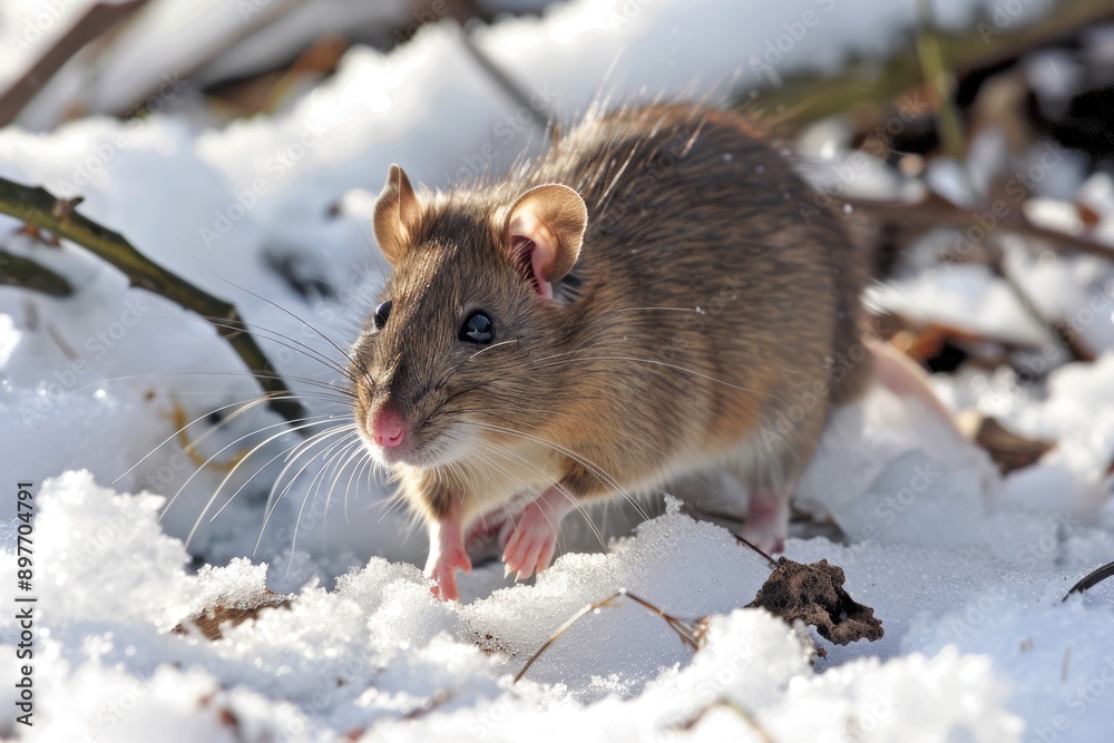 Winter Pest. Brown Rat with Long Tail in the White Snow Winter Pest. Brown Rat with Long Tail in the White Snow