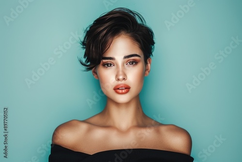 A woman with short, dark hair and a confident expression gazes directly at the camera. She is wearing a black off-the-shoulder top against a bright teal backdrop