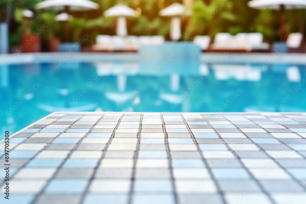 Fototapeta premium Empty white ceramic mosaic table top and blurred swimming pool