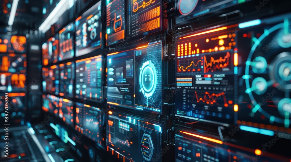 Smart city control center with digital screens displaying real-time data on traffic Smart city control center with digital screens displaying real-time data on traffic