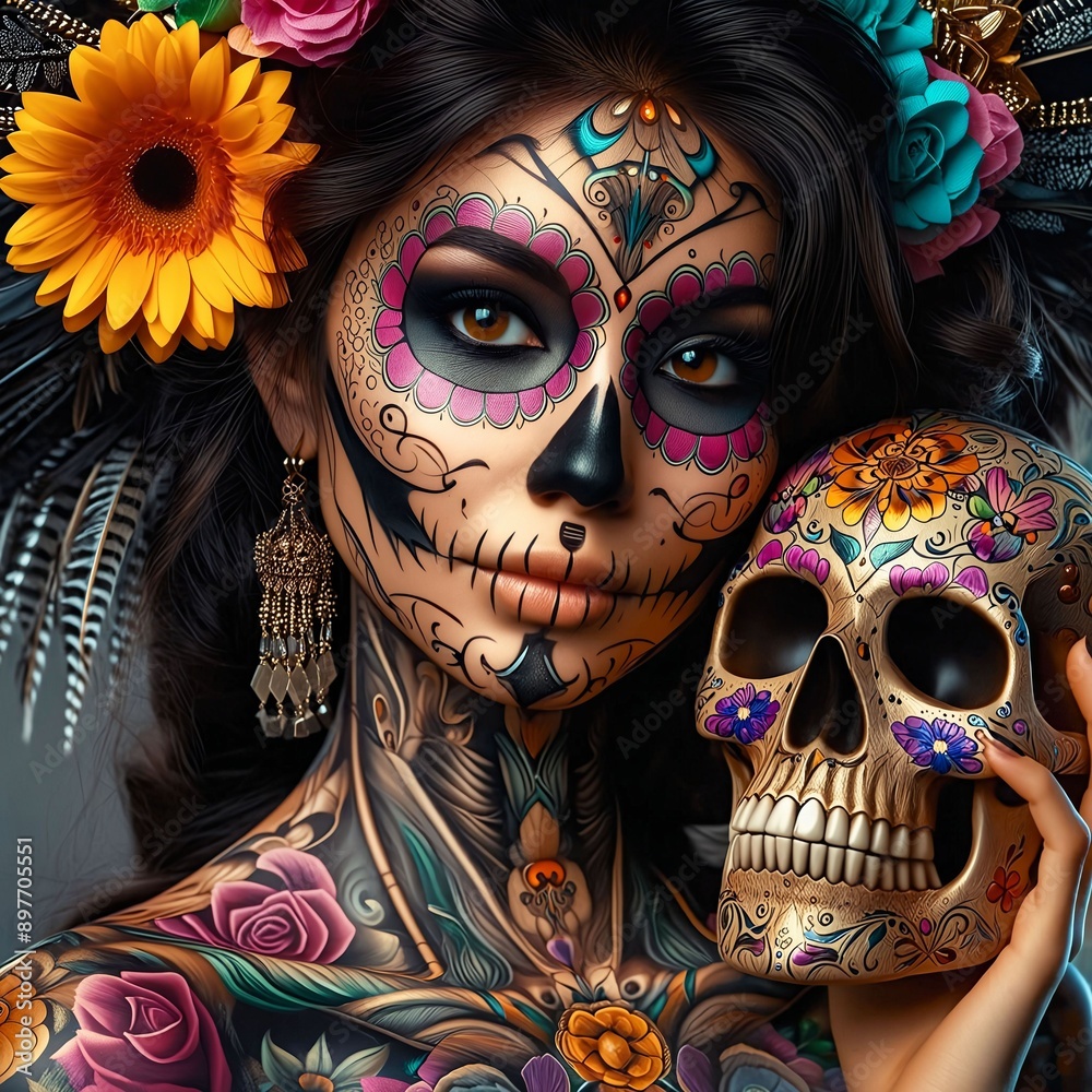 Day of the Dead. Dia de los Muertos. A woman with vibrant skeleton face makeup, holding a beautifully decorated skull. Life and death. Celebrating cycle of life and memory of the dead. Generative AI Day of the Dead. Dia de los Muertos. A woman with vibrant skeleton face makeup, holding a beautifully decorated skull. Life and death. Celebrating cycle of life and memory of the dead. Generative AI