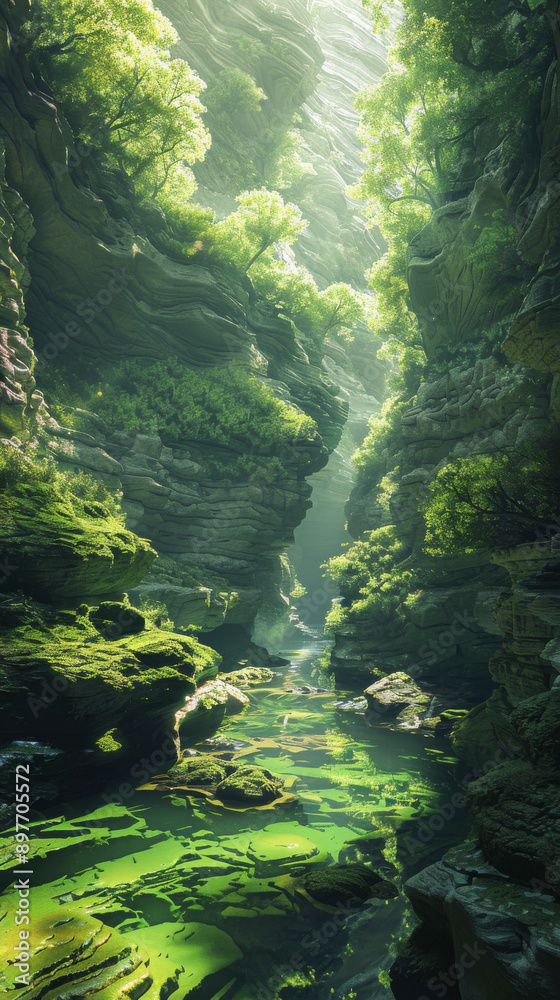 Serene sunlit canyon with lush green vegetation Serene sunlit canyon with lush green vegetation