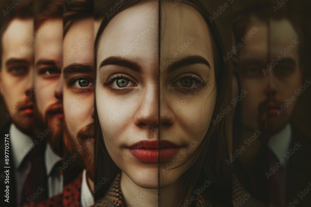 A woman's face is split down the middle, revealing a reflection of other faces behind her A woman's face is split down the middle, revealing a reflection of other faces behind her