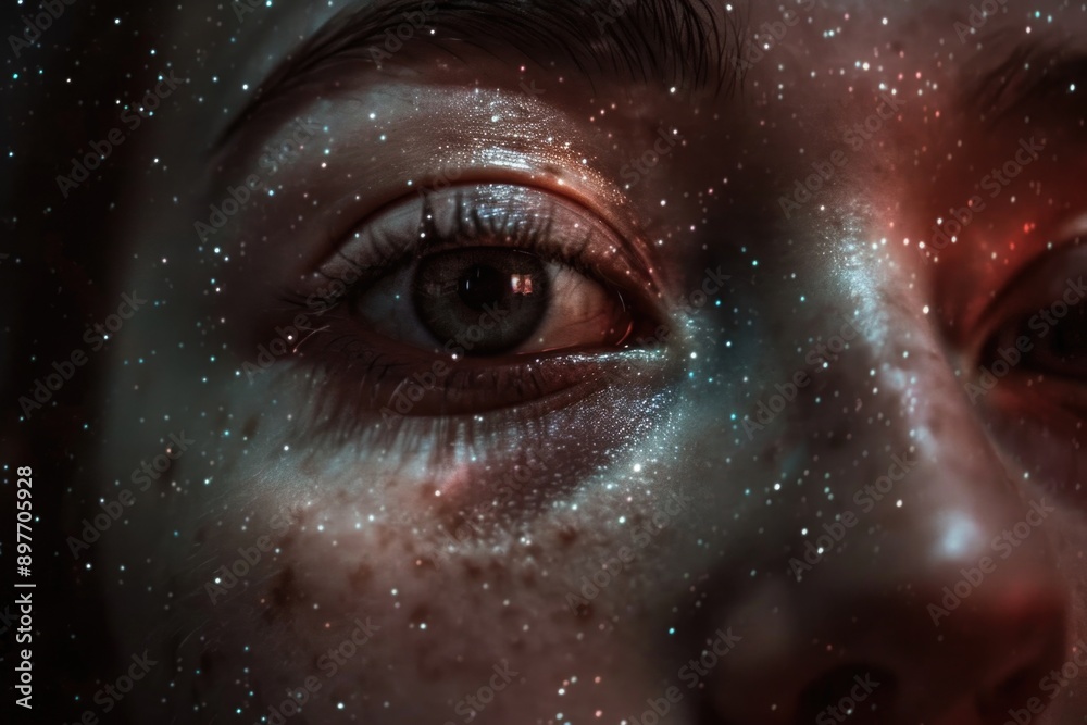 A close-up shot of a person's eye, with glitter reflecting light like stars in the night sky A close-up shot of a person's eye, with glitter reflecting light like stars in the night sky