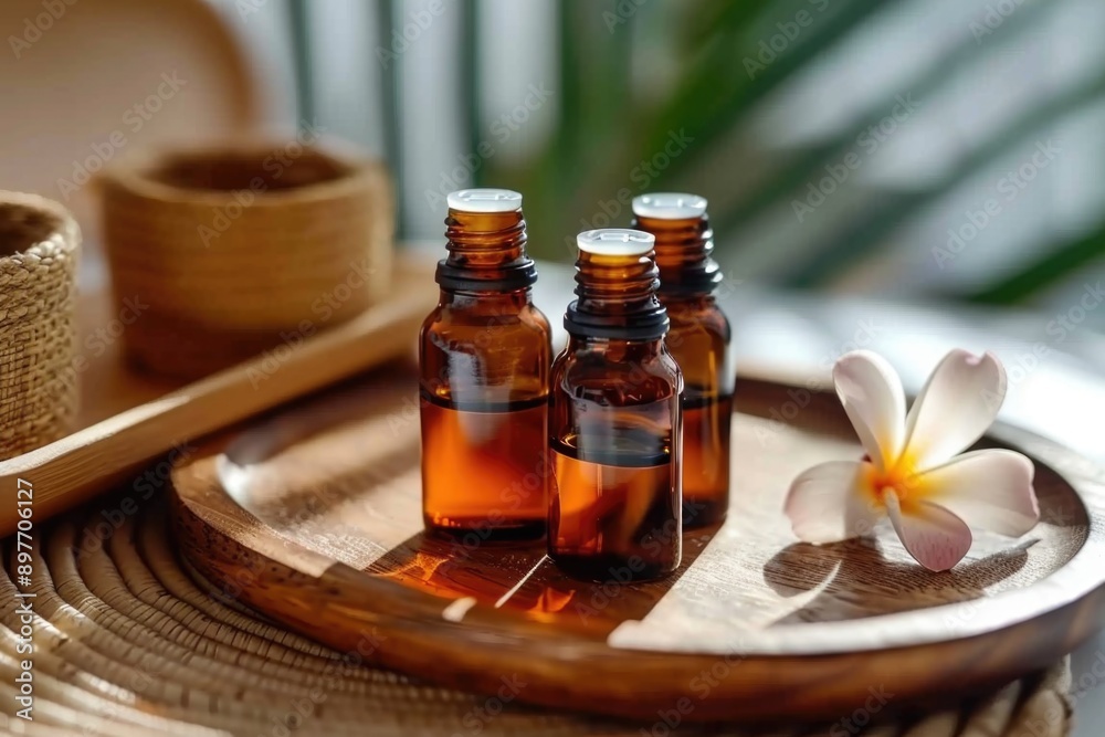 Three amber glass bottles of essential oils are arranged on a wooden tray, with a single plumeria blossom resting nearby Three amber glass bottles of essential oils are arranged on a wooden tray, with a single plumeria blossom resting nearby