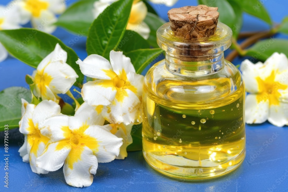 A small glass bottle filled with golden oil rests among white flowers with yellow centers and green leaves on a blue background A small glass bottle filled with golden oil rests among white flowers with yellow centers and green leaves on a blue background