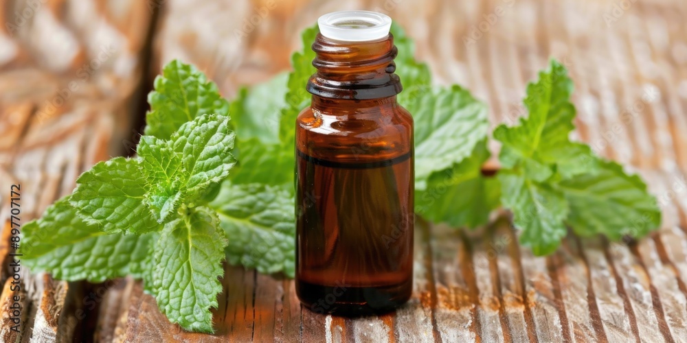 A small bottle of peppermint essential oil rests on a rustic wooden surface, surrounded by fresh green leaves of the plant A small bottle of peppermint essential oil rests on a rustic wooden surface, surrounded by fresh green leaves of the plant