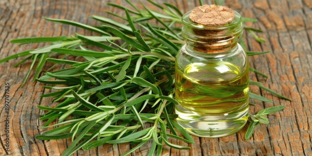 A glass bottle of rosemary essential oil sits beside a sprig of fresh rosemary on a weathered wooden surface A glass bottle of rosemary essential oil sits beside a sprig of fresh rosemary on a weathered wooden surface