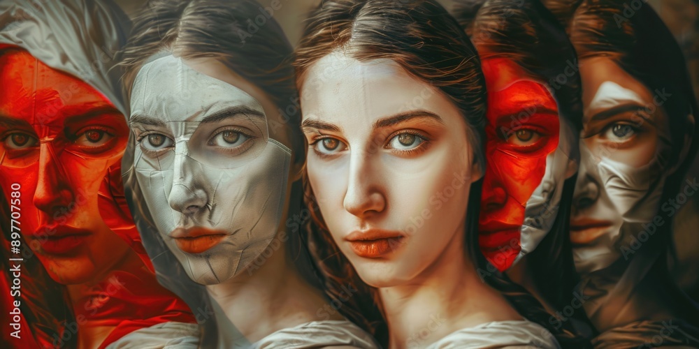Obraz premium A close-up portrait of a woman with multiple faces layered over each other, revealing different aspects of her identity. The woman's eyes are prominent, reflecting a sense of mystery and depth
