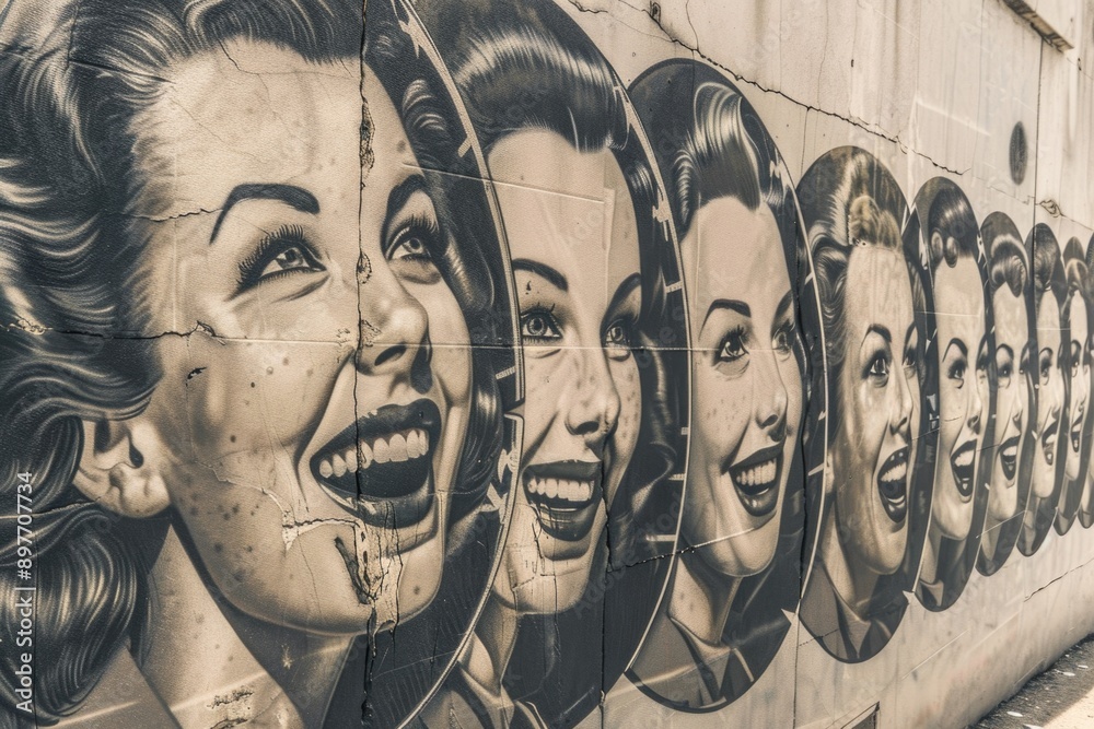 Naklejka premium A row of smiling women are painted on a concrete wall, their expressions full of joy and optimism