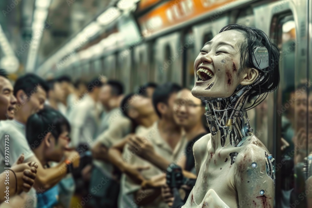 A cyborg with exposed wiring smiles and laughs as she rides a crowded subway train, oblivious to the passengers around her A cyborg with exposed wiring smiles and laughs as she rides a crowded subway train, oblivious to the passengers around her