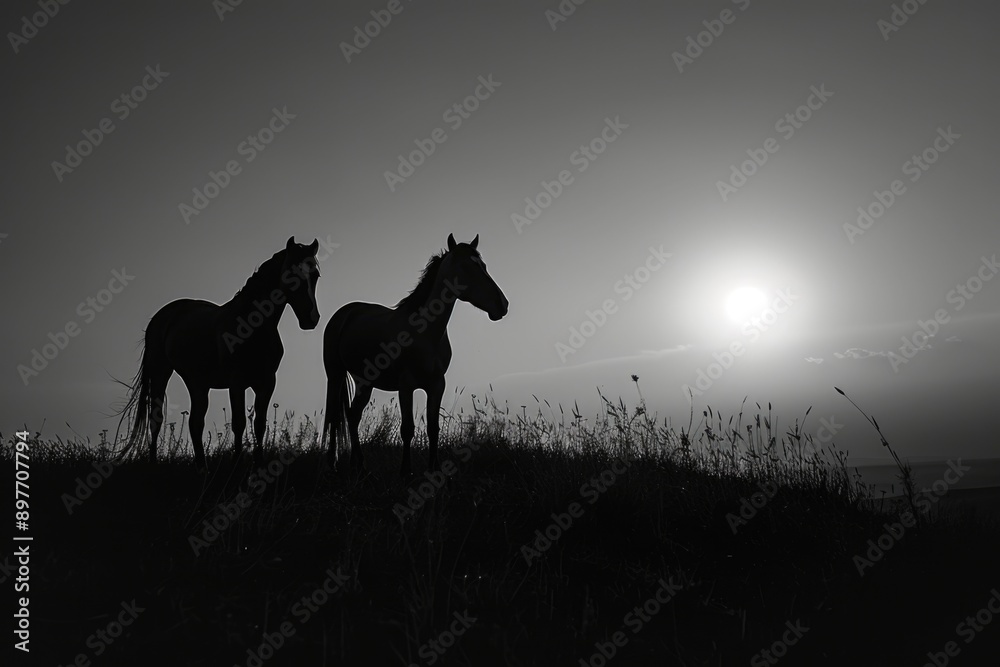 Fototapeta premium Two horses stand on a hilltop, silhouetted against a glowing sunset