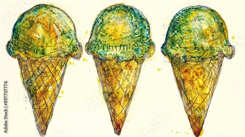  Three ice cream cones, each topped with green toppings, are depicted in this drawing