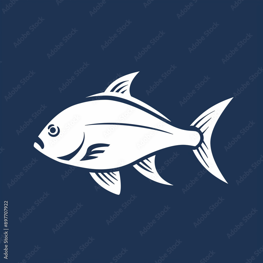 Captivating Duplicate: Sleek 2D Fish Icon on a Classic Navy Background for Marine-Themed Designs