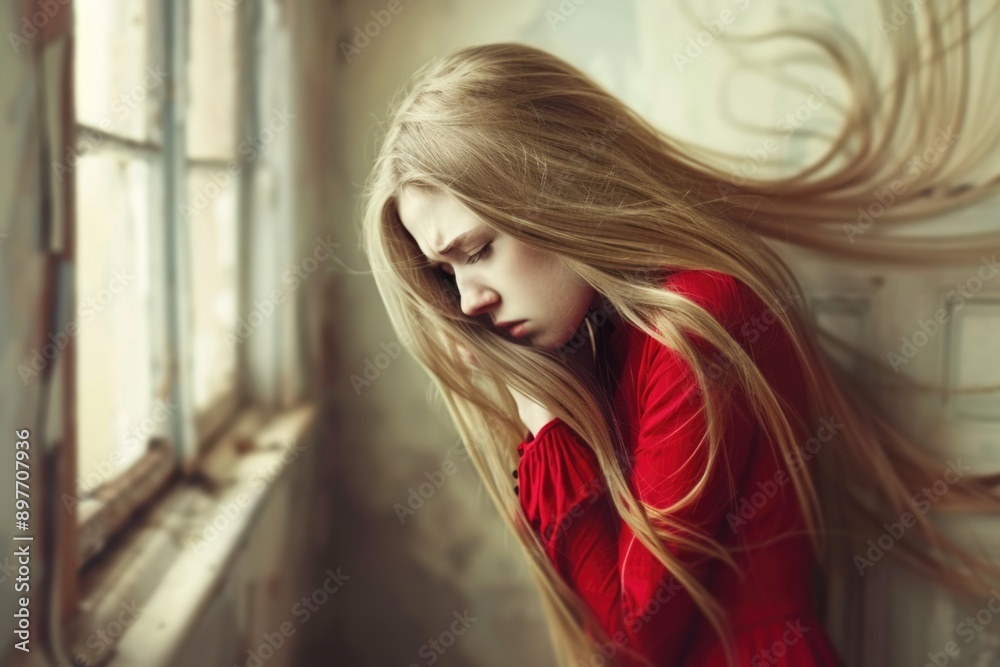 Fototapeta premium A young woman with long blonde hair, wearing a red dress, stands in an old room, looking down with a thoughtful expression
