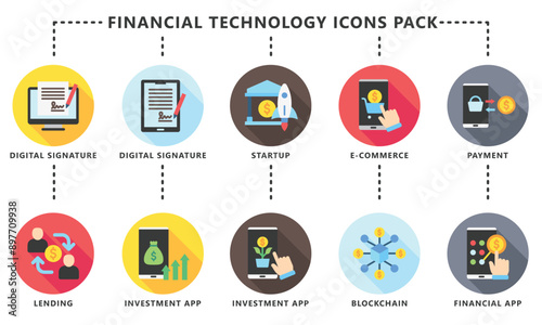 Financial technology rounded multi color icons pack, contain digital signature, peer to peer landing, ecommerce and more. vector EPS 10. use for UI, UX financial theme, app and web development.