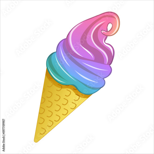 Colourful vector illustration of delicious rainbow ice cream in a waffle cone on a white background