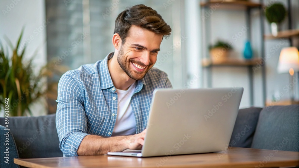 young man using laptop and smiling young man using laptop and smiling