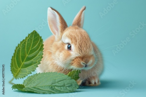 Small Rabbit Sitting on Top of a Green Leaf