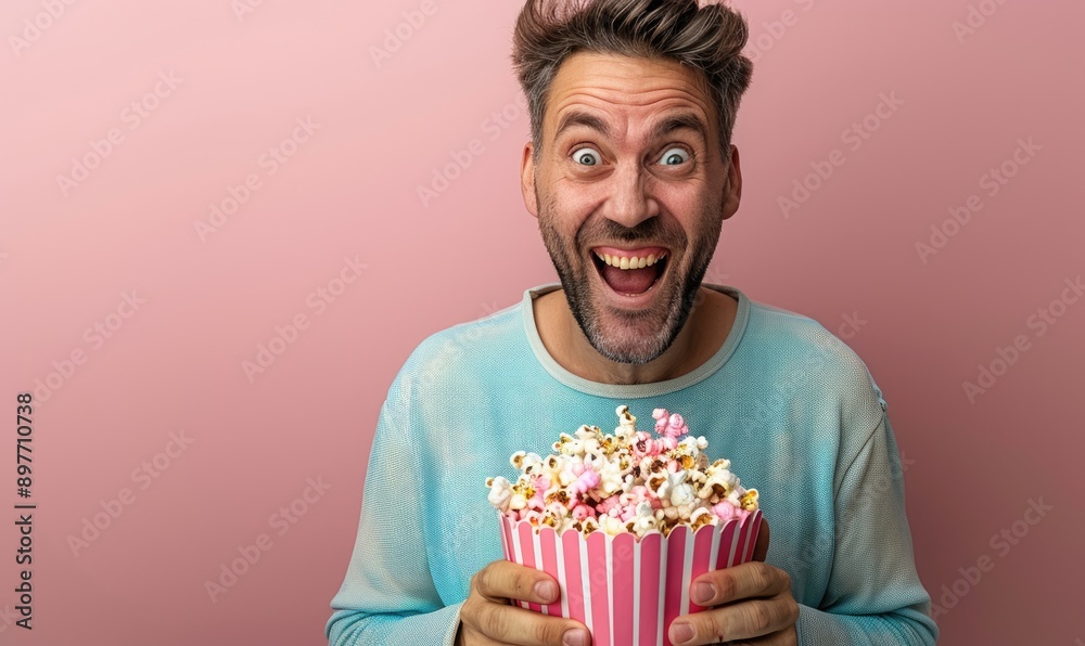 Cheerful Man Holding Bucket of Popcorn with a Smile Cheerful Man Holding Bucket of Popcorn with a Smile