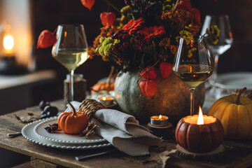 Fall table decoration with pumpkins, wine. Family cozy thanksgiving dinner arrangement indoors at home, wedding elegant decor. Countryside style, simple handmade setting, autumn mood, inspiration.