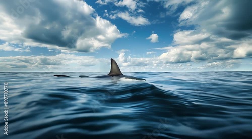 Ocean view with a large shark fin cutting through the water surface under a cloudy sky, creating a sense of danger and marine wildlife.