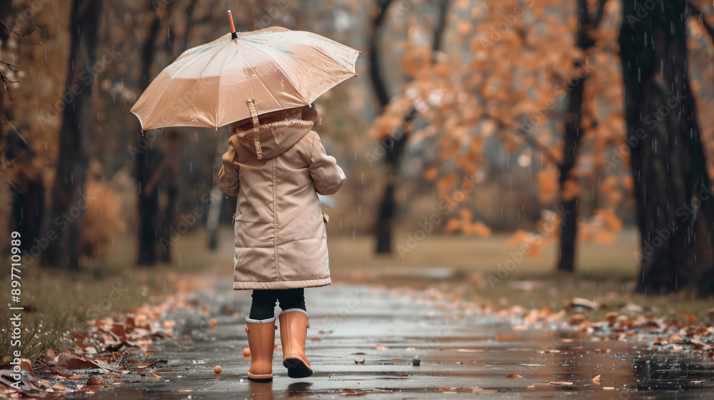 Obraz premium Kid strolling with an umbrella in a park on a rainy autumn day