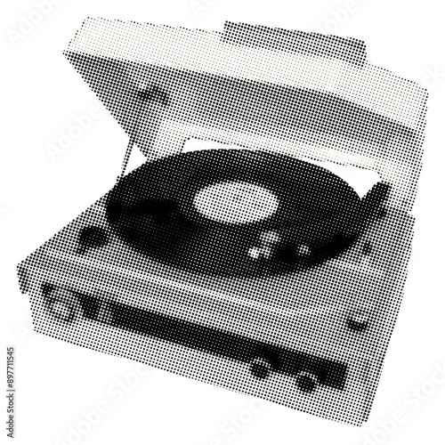 vintage record player isolated with turntable retro grunge halftone magazine dotted texture vintage collage element for mixed media design