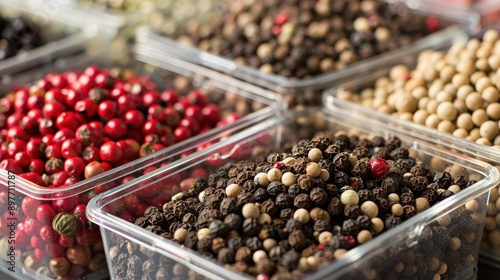 Different types of pepper in a transparent container