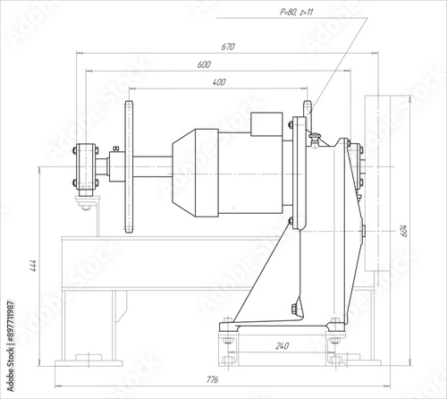 Assembly drawing of reducer. Vector working drawing of steel mechanical device with shaft, gear, 
electric engine, bolted connection and dimension lines. Engineering cad scheme. Technical template. 
