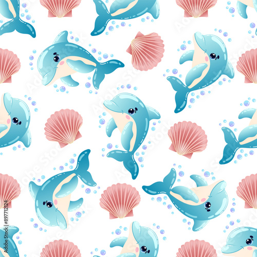 Children's seamless pattern with cute smiling dolphin with bubbles and shell on a white background. Vector illustration