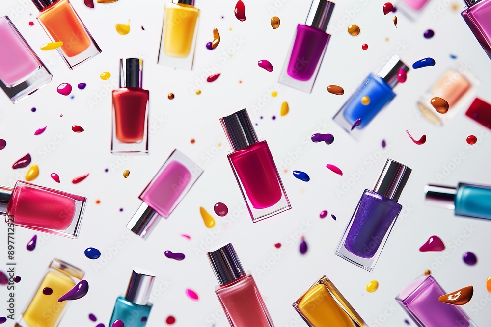 Nail polish bottles falling in the air on white background Nail polish bottles falling in the air on white background