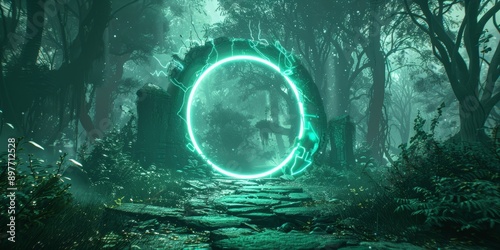 Magic portal door in fantasy forest game world background. Green neon gate light in futuristic enchanted mirror