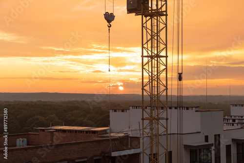  A construction crane against a golden sunset and forest