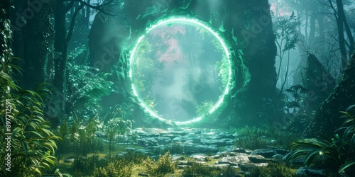 Magic portal door in fantasy forest game world background. Green neon gate light in futuristic enchanted mirror, with copy space