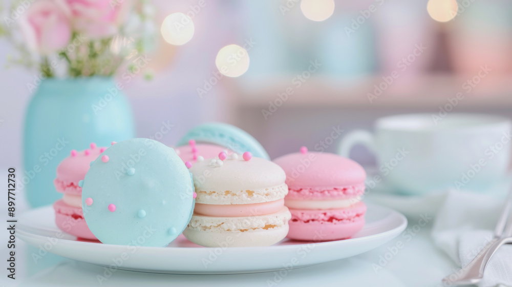 pastel colored macaroons on a white plate pastel colored macaroons on a white plate